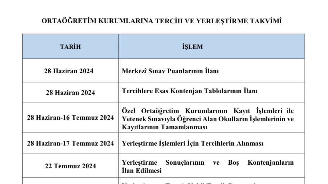 Ortaöğretim Kurumlarına Tercih ve Yerleştirme Takvimi